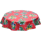 Round oilcloth tablecloth plums on red