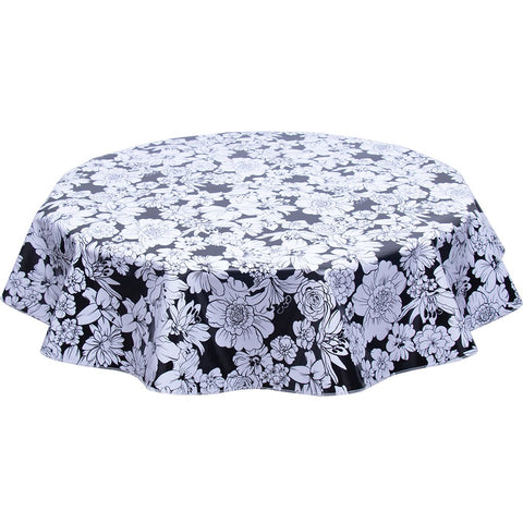 white flowers on black background round tablecloth in oilcloth