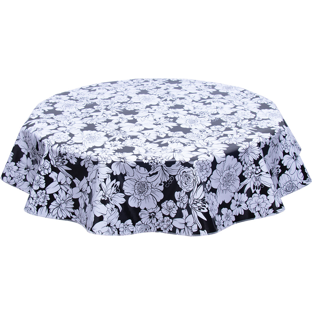 Round oilcloth tablecloth chelsea flowers on black