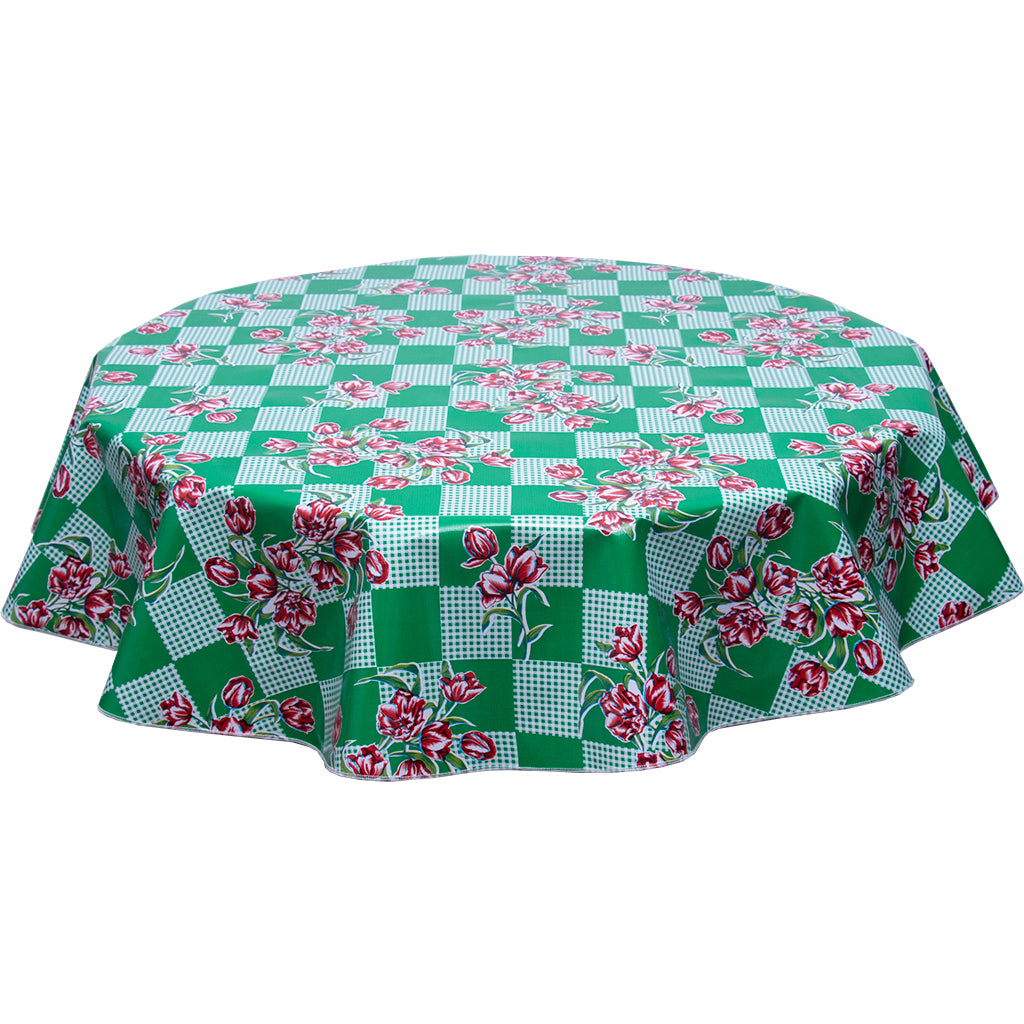 Round oilcloth tablecloth red tulips on green