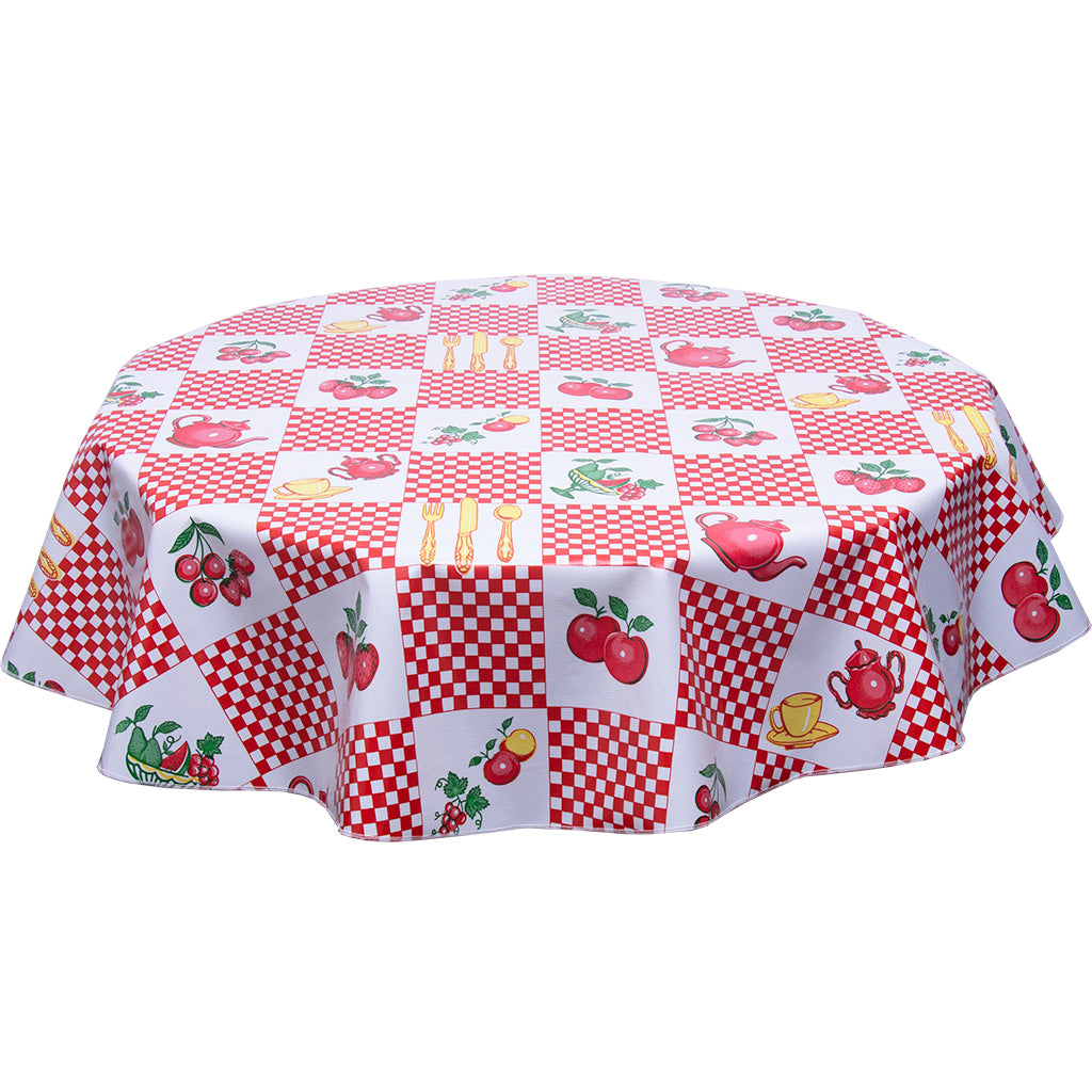 freckled sage round oilcloth tablecloth teapot red