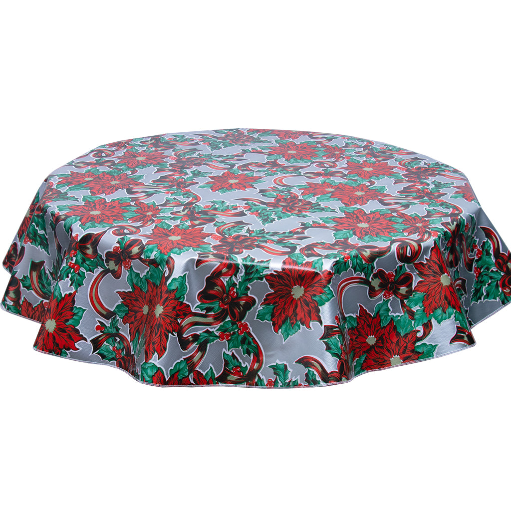 Christmas round tablecloth ribbons and holly on silver