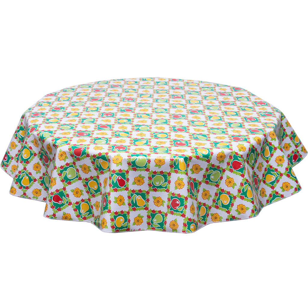 Freckled Sage Round oilcloth tablecloth pears and apples green
