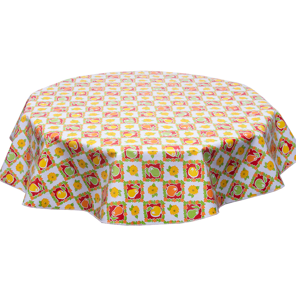 freckled sage round tablecloth pears and apples on red
