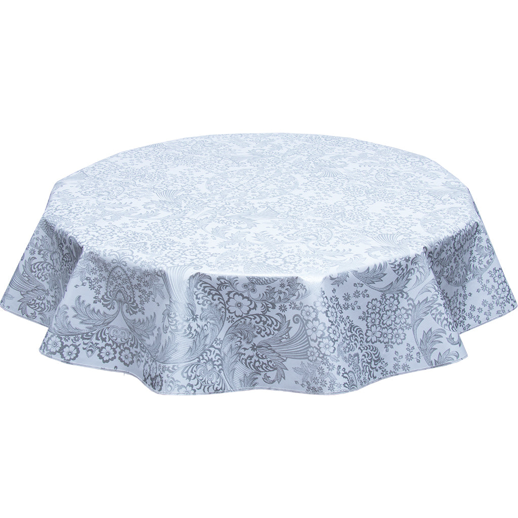 round oilcloth tablecloth silver toile