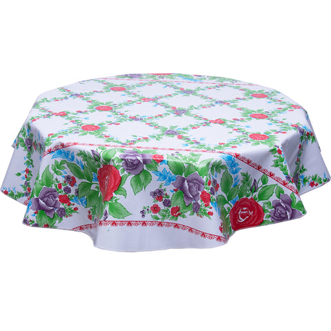 red antique roses on white round oilcloth tablecloth