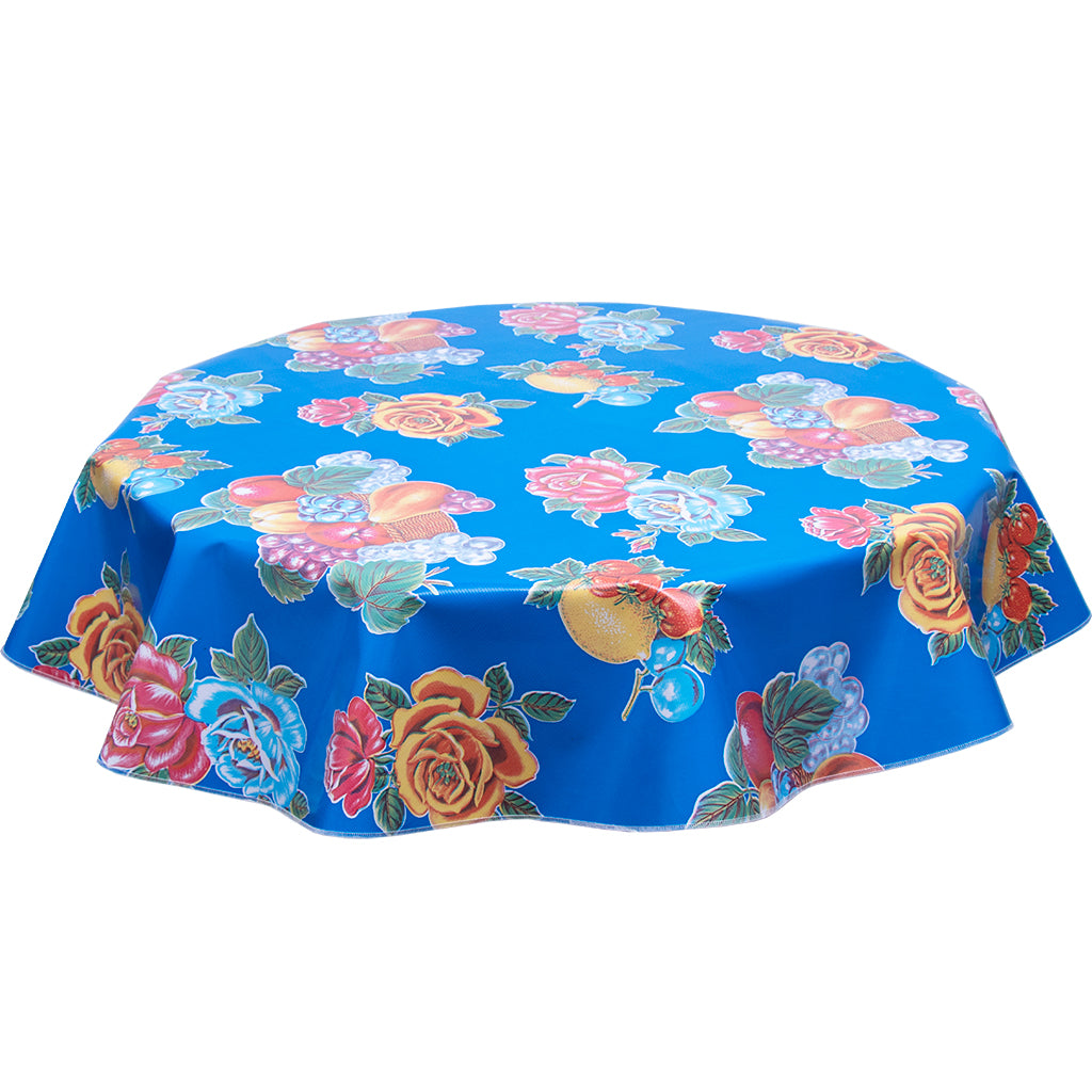 Lemons and Roses on Blue Round Oilcloth Tablecloth
