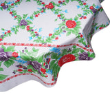 round oilcloth tablecloth red antique roses on solid white