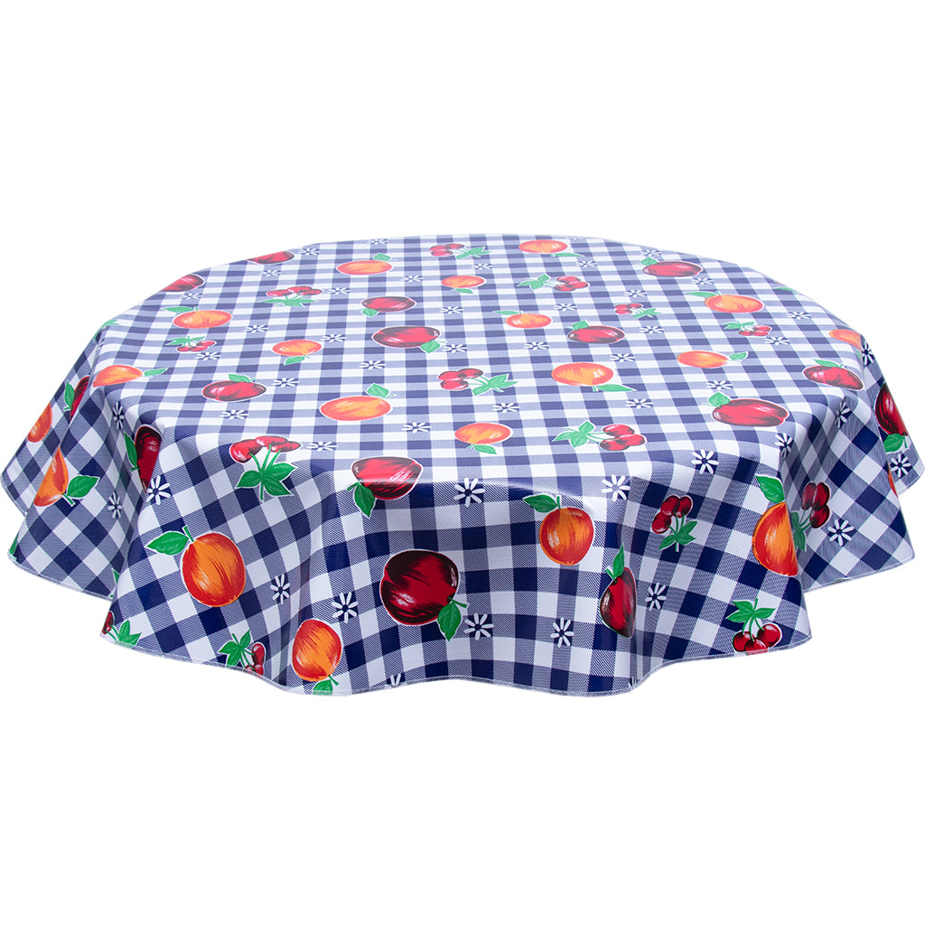Round oilcloth tablecloth Navy gingham and Fruit