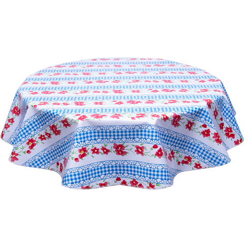 Flowers and Gingham Blue Round Oilcloth Tablecloth