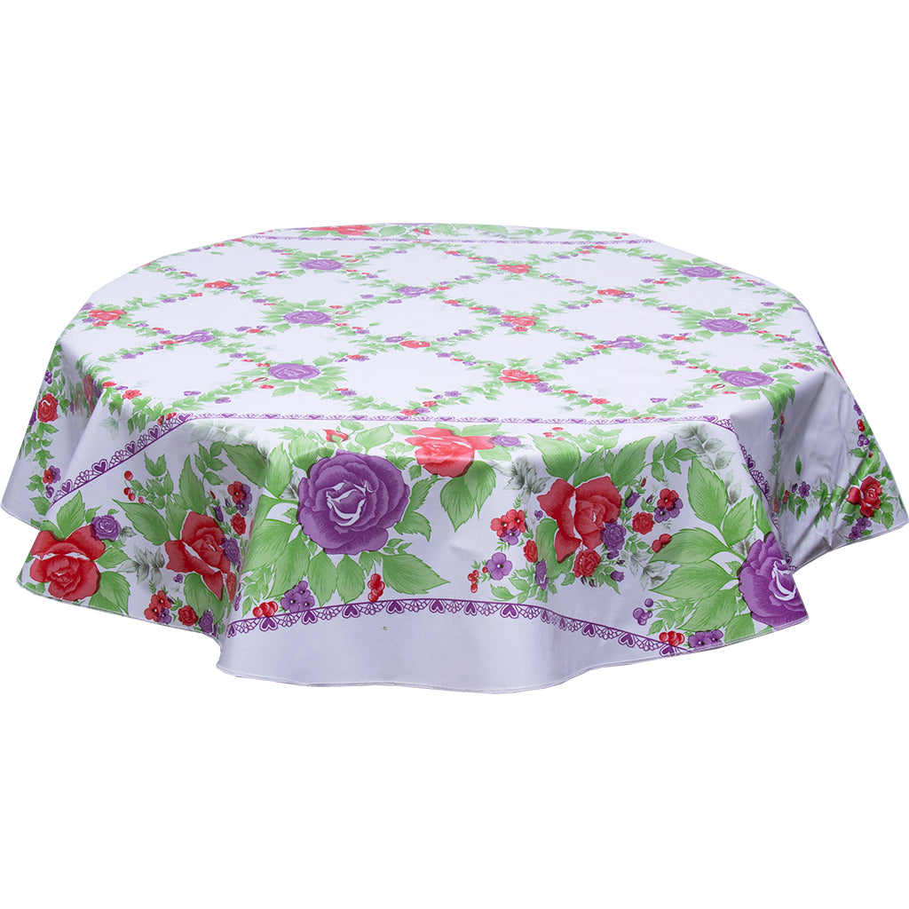 purple antique roses on solid white round oilcloth tablecloth