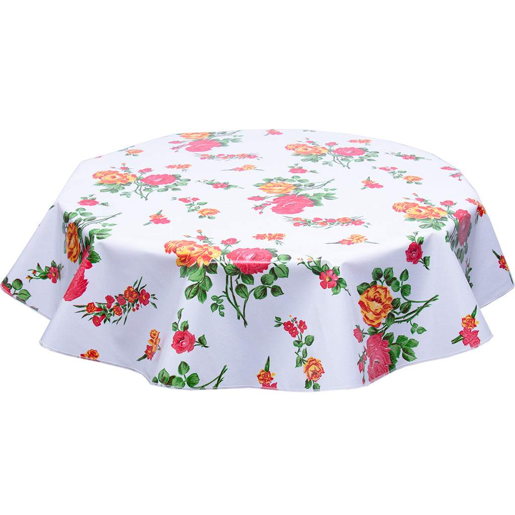 Round Oilcloth Tablecloth Rose and grid White