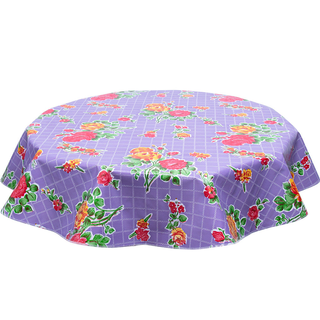 FreckledSage.com Rose and Grid Purple Round Oilcloth tablecloth