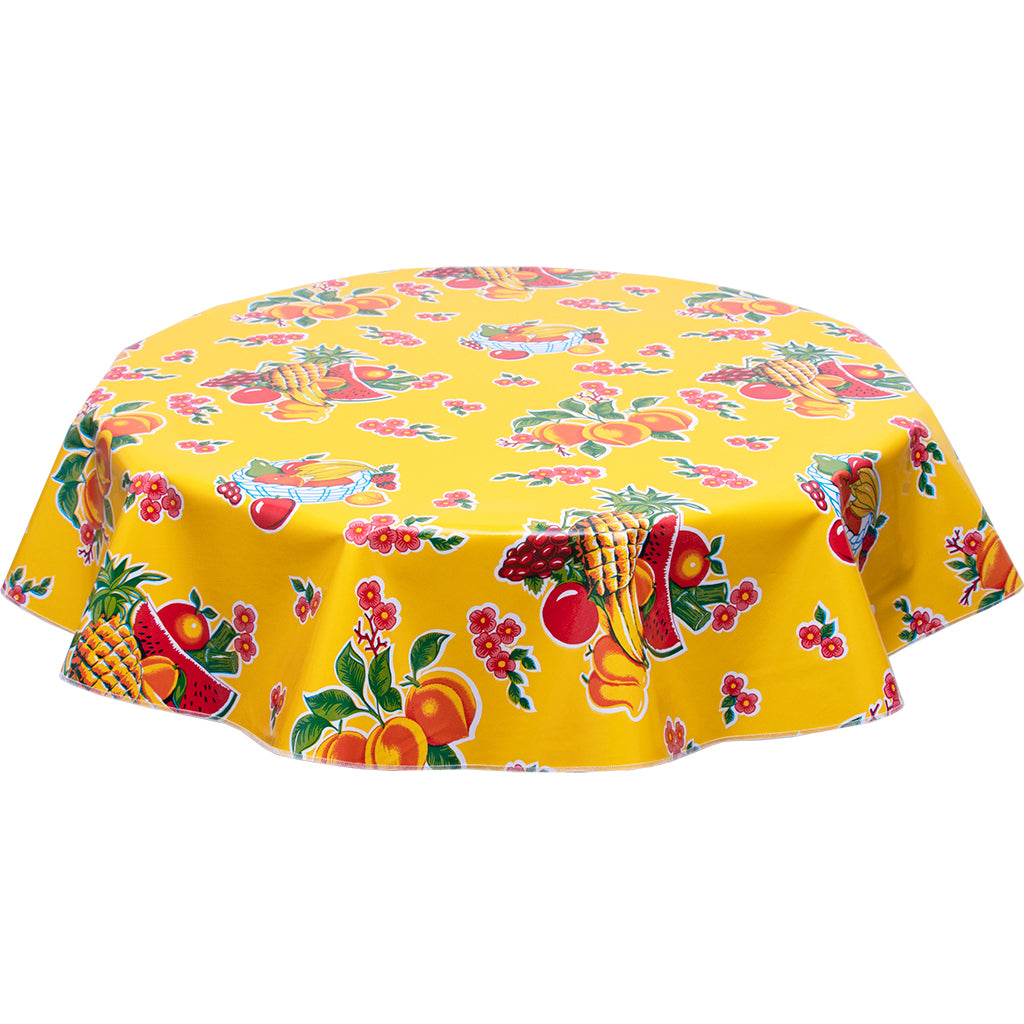 Fruit Basket on Yellow Round Oilcloth Tablecloth