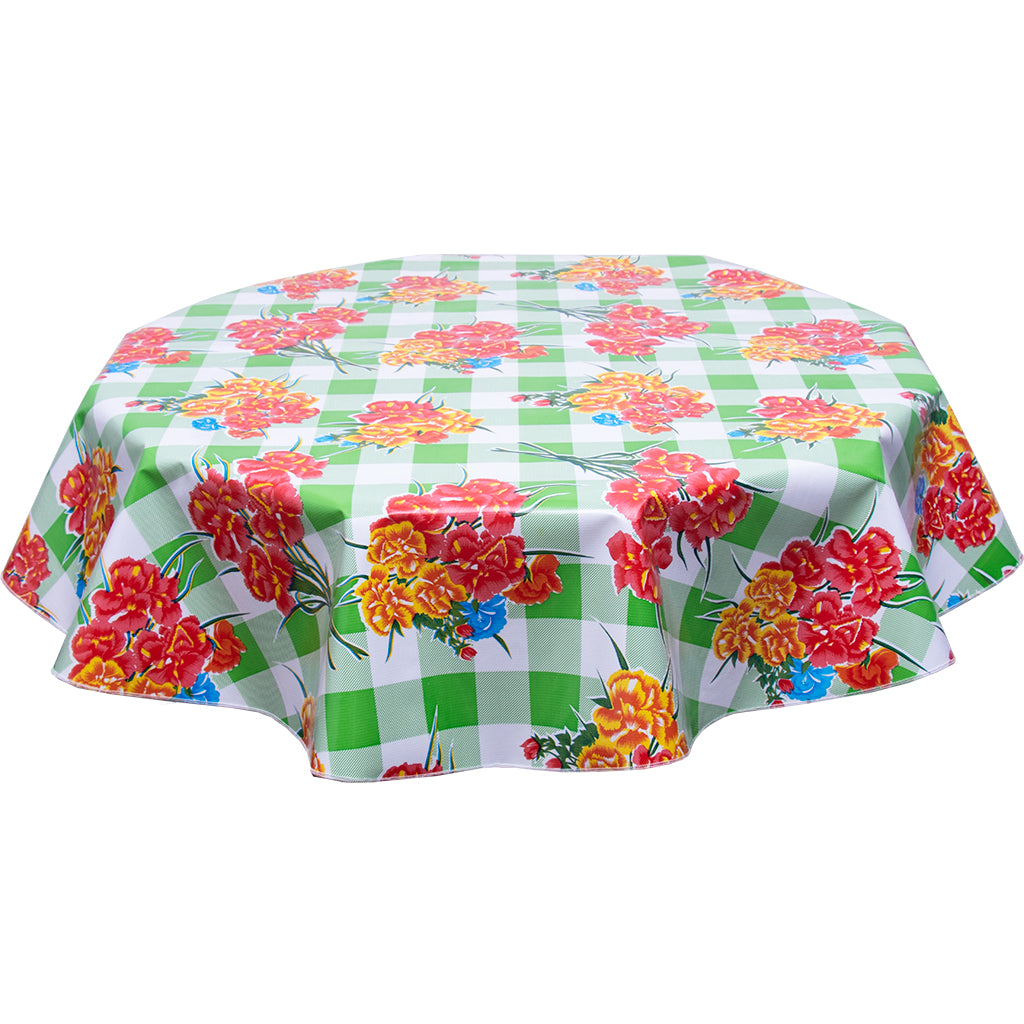 Round Tablecloth Carnations on Buffalo Check Lime