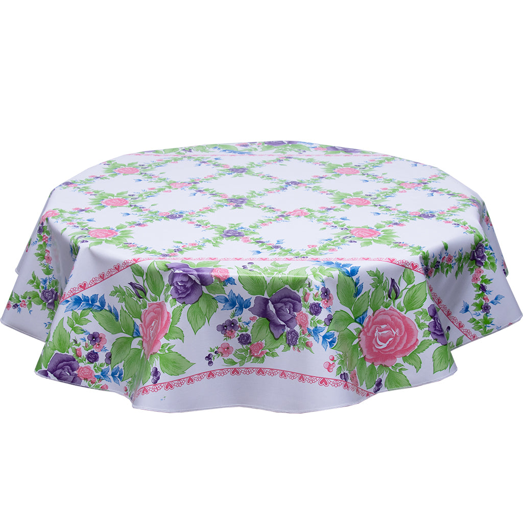 round oilcloth tablecloth pink antique roses on white