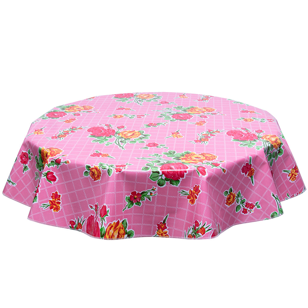 FreckledSage.com Rose and Grid Pink Round Oilcloth Tablecloth