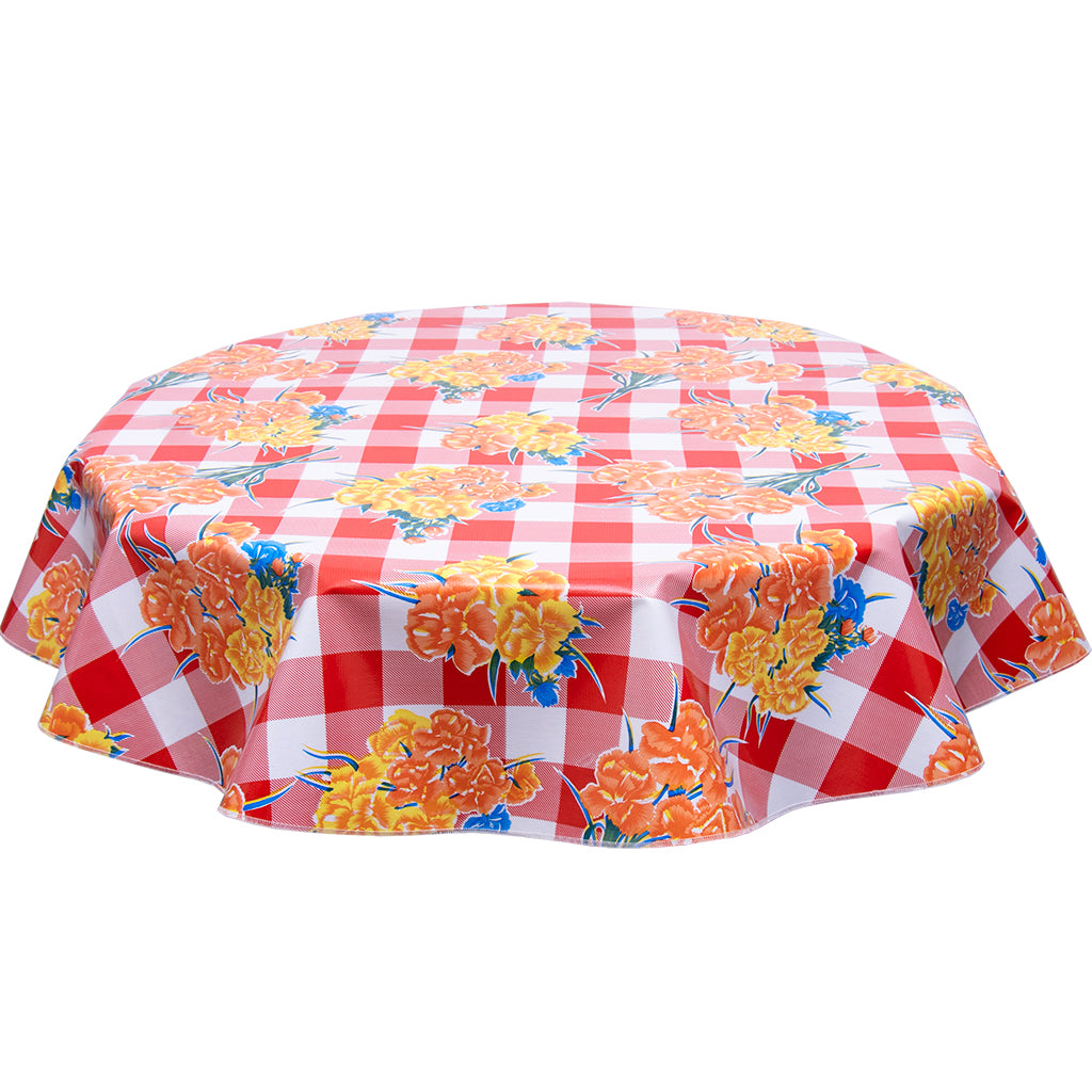 FreckledSage.com Round tablecloth Carnations on Red Buffalo Check 
