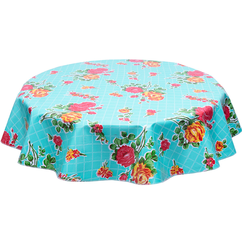 Round oilcloth tablecloth rose and grid on aqua