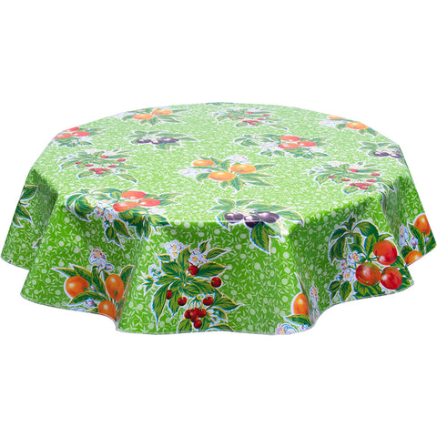 Round oilcloth tablecloth Plums on Lime