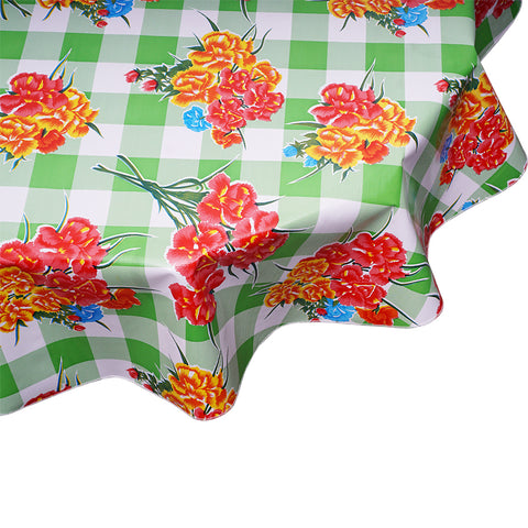 Carnations on Lime Gingham Round Oilcloth Tablecloth