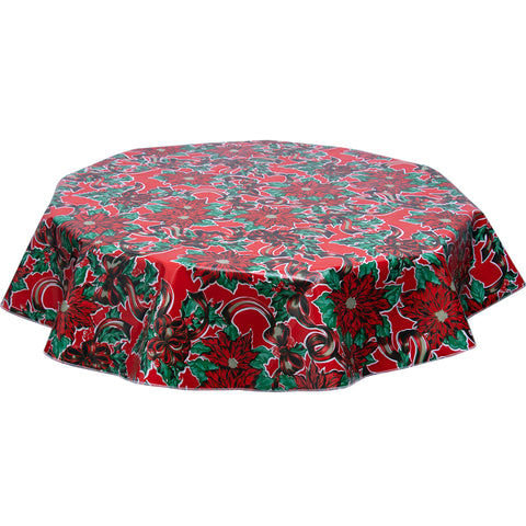 freckled sage Christmas tablecloth holly and ribbons on red