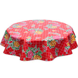 Round oilcloth tablecloth Roses and Grid on Red