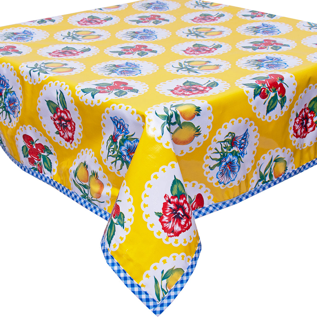 Freckled Sage Oilcloth Tablecloth Doily 2 Yellow with Blue Gingham Trim