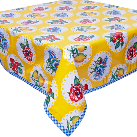 Freckled Sage Oilcloth Tablecloth Doily 2 Yellow with Blue Gingham Trim