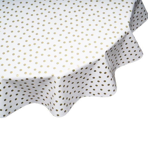 Round oilcloth tablecloth gold dots on white