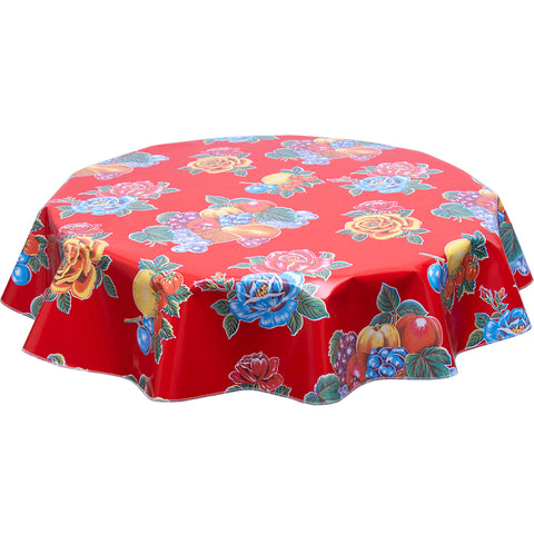FreckledSage.com Round lemons and Roses Red Tablecloth