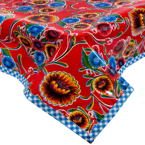 Freckled Sage Oilcloth Tablecloth Bloom Red with blue gingham trim