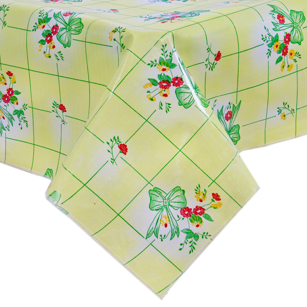 Freckled Sage Oilcloth Tablecloth Bows and Bouquet Yellow