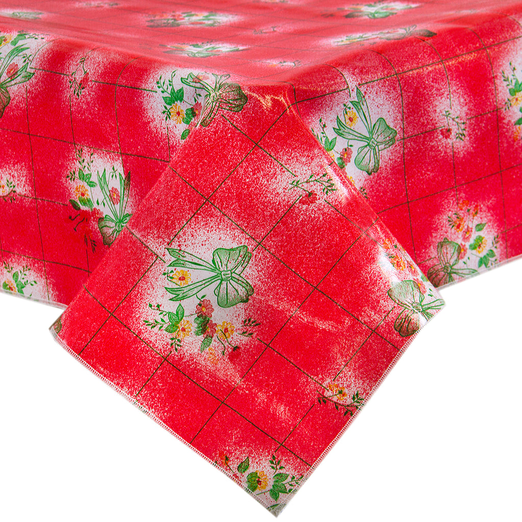 Freckled Sage Oilcloth Tablecloth Bows and Bouquet Red
