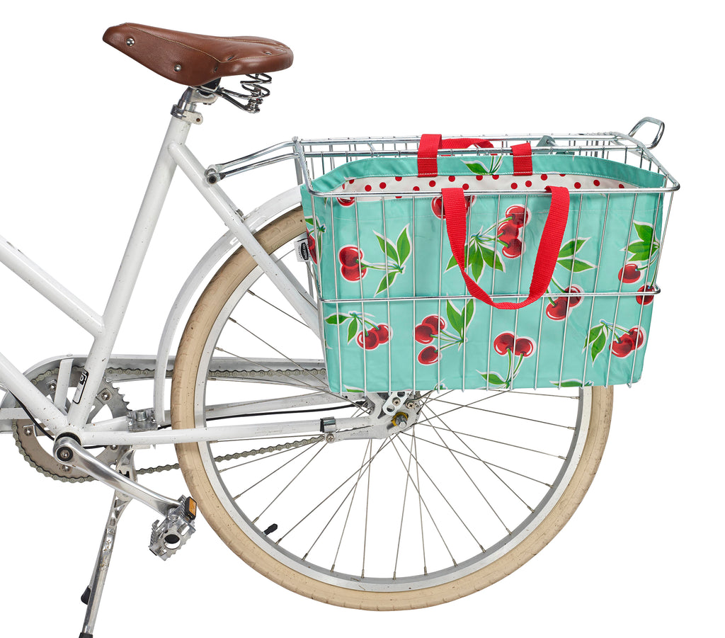Freckled Sage Oilcloth Bike Basket Tote Cherry Aqua