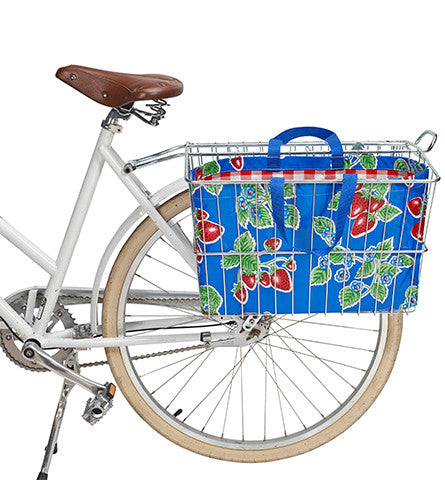 Freckled Sage Oilcloth Rear Bike Basket Tote Strawberry Blue