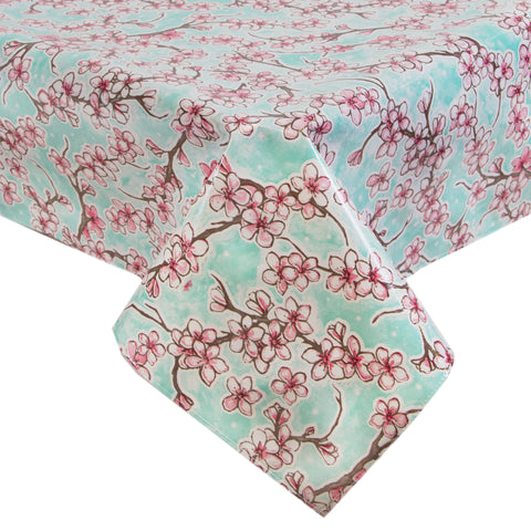 Freckled Sage Oilcloth Tablecloth Cherry Blossom Aqua