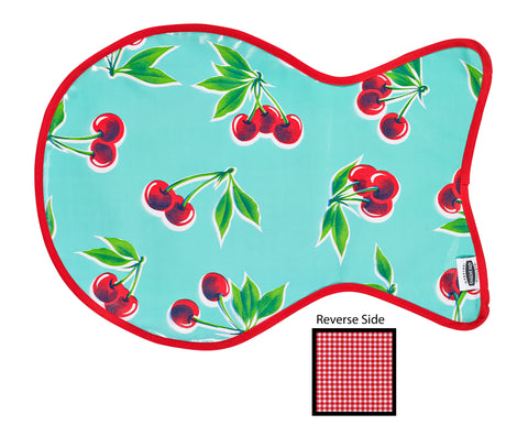 Freckled Sage Oilcloth Reversible Cat Mat in Cherry Aqua 