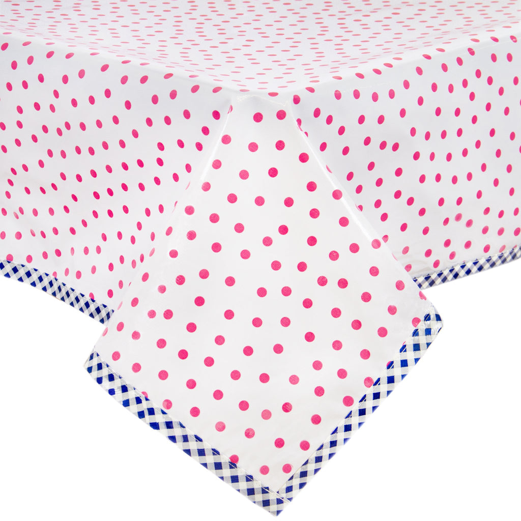 Freckled Sage Oilcloth Tablecloth Pink Dots on white with Navy GT