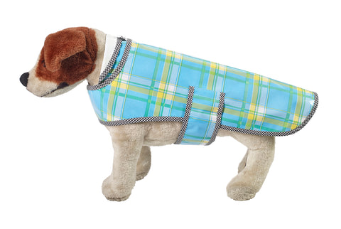 Freckled Sage Oilcloth Doggie Raincoat in Plaid Light Blue and Yellow