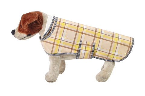 Freckled Sage Oilcloth Doggie Raincoat in Plaid Brown and Yellow