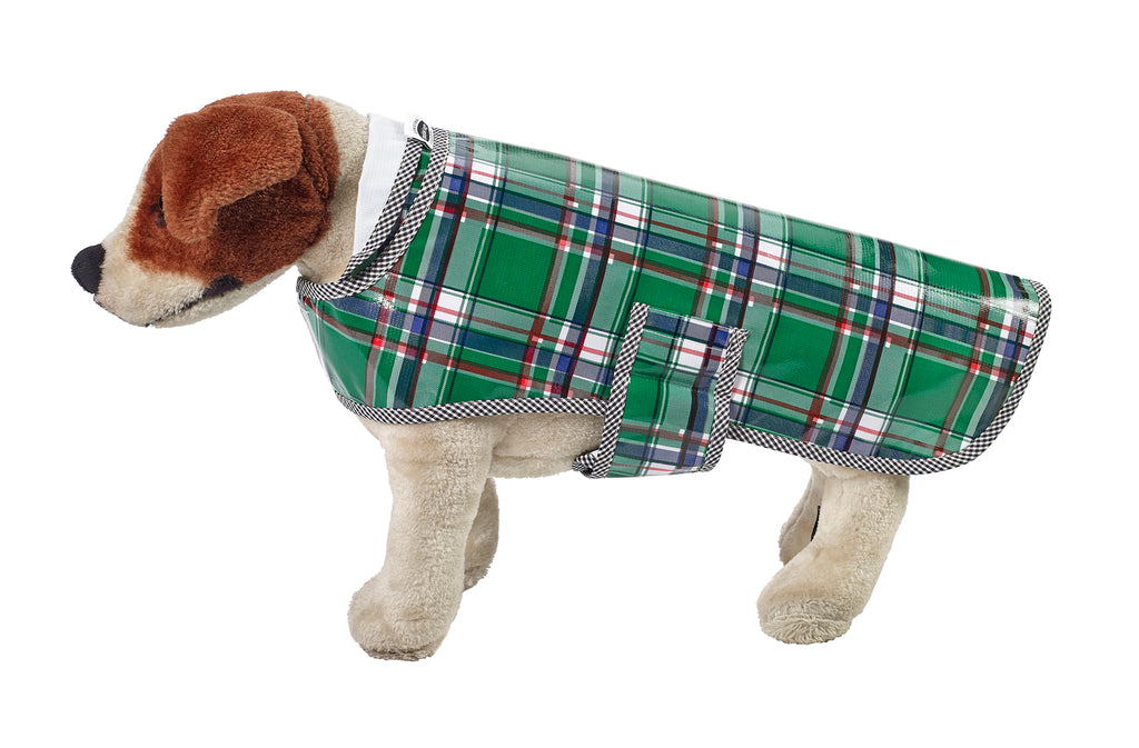 Freckled Sage Oilcloth Doggie Raincoat in Plaid Green and Blue