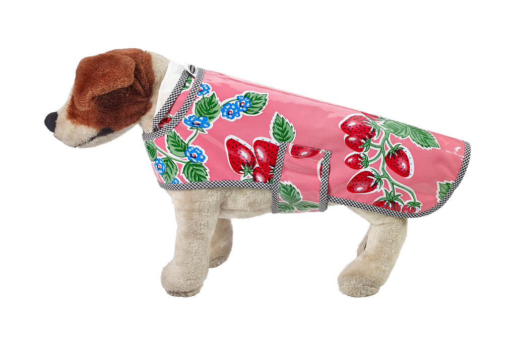 Freckled Sage Oilcloth Doggie Raincoat in Strawberry Pink