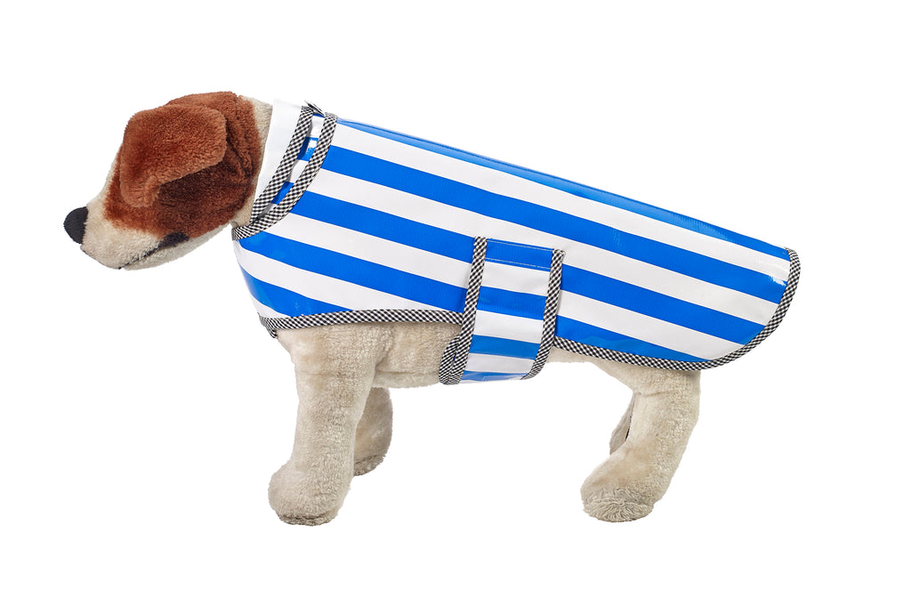 Freckled Sage Oilcloth Doggie Raincoat in Stripe Blue