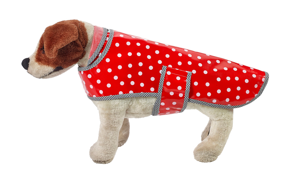 Freckled Sage Oilcloth Doggie Raincoat in White Dot on Red
