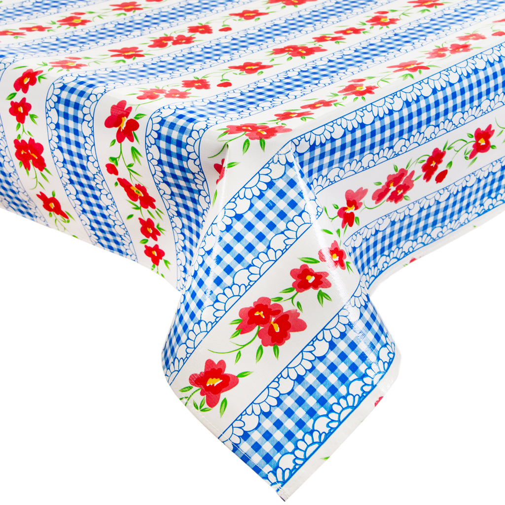Freckled Sage Oilcloth Tablecloth Flowers and Gingham Blue