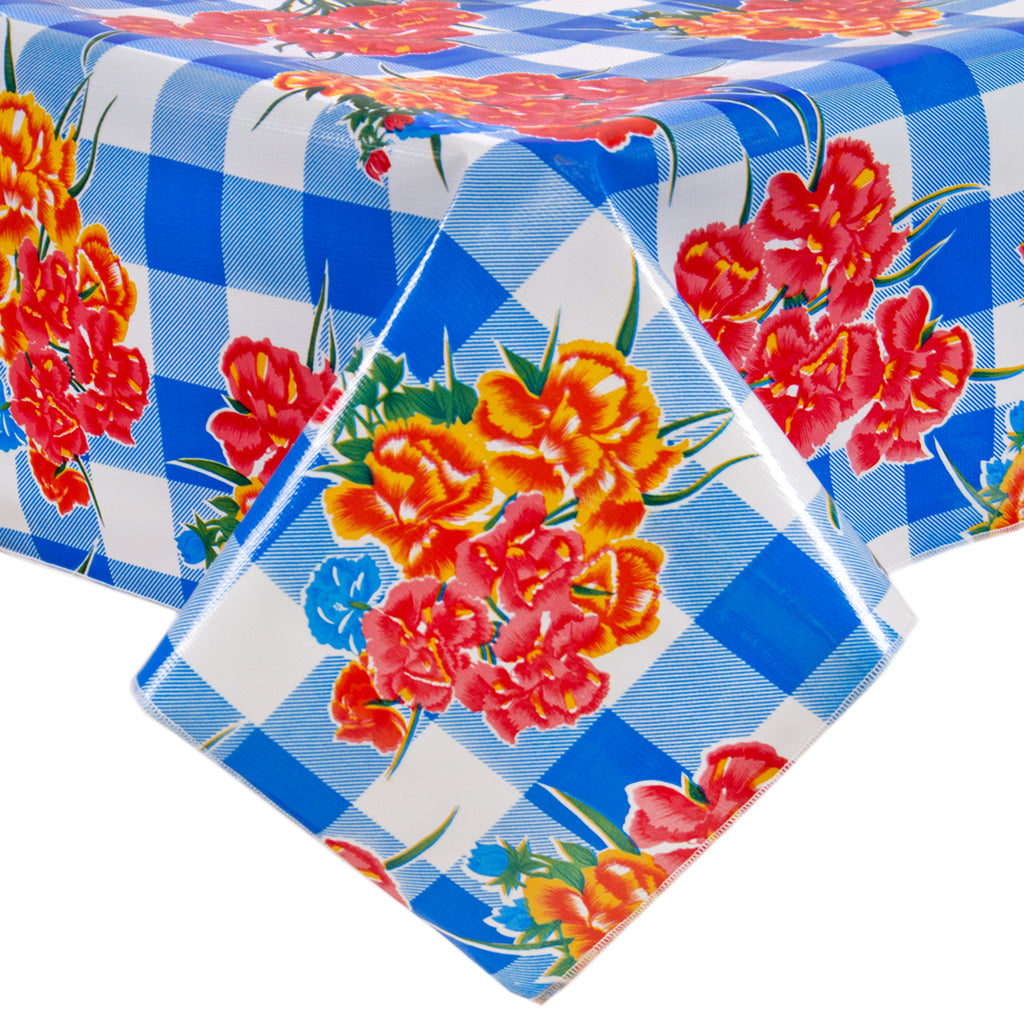 Freckled Sage Oilcloth Tablecloth Gingham and Flowers Blue