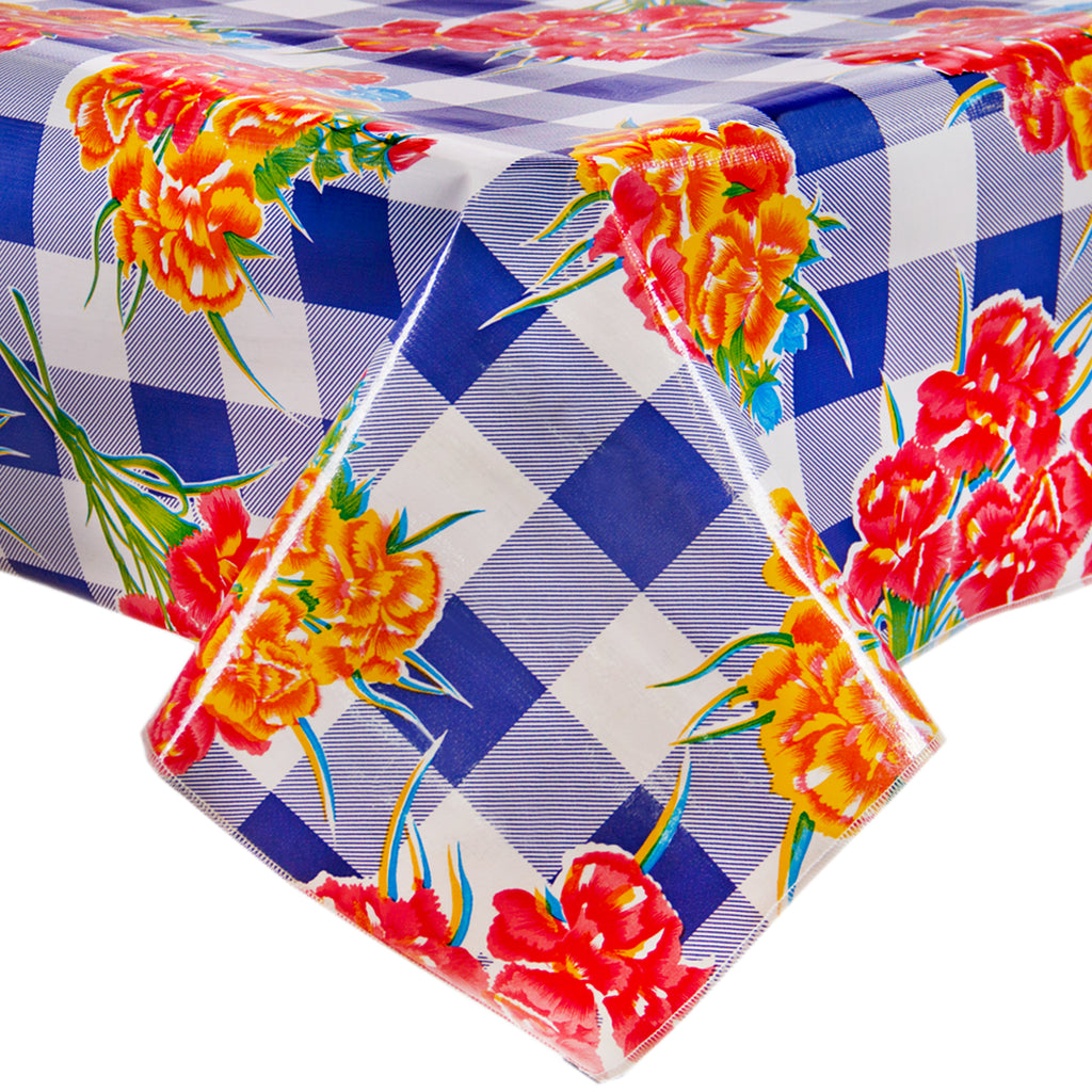 Freckled Sage Oilcloth Tablecloths Gingham and Flowers Navy
