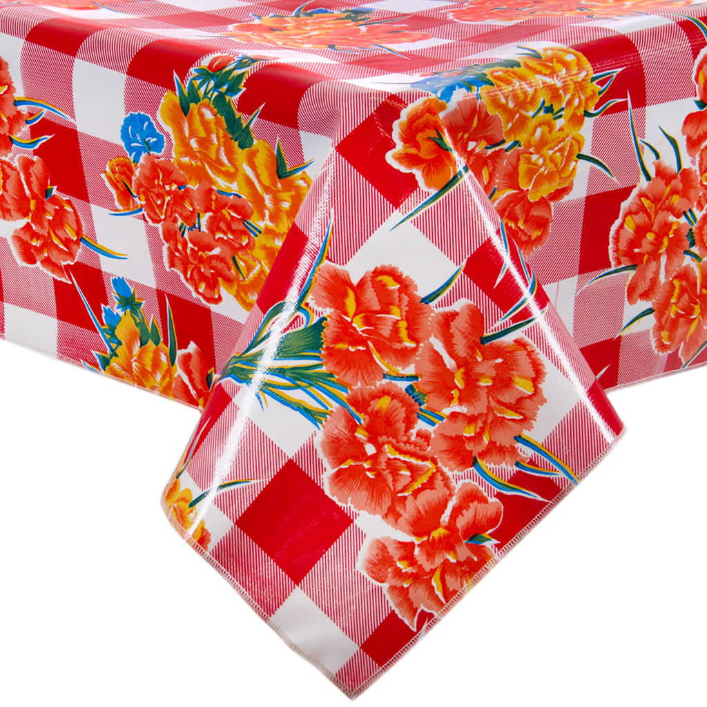 Freckled Sage Oilcloth Tablecloth Gingham and Flowers Red