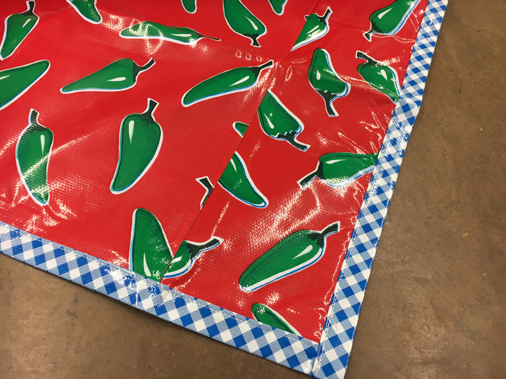 SALE Jalapeno Peppers on Red Oilcloth Tablecloth with Blue Gingham Trim